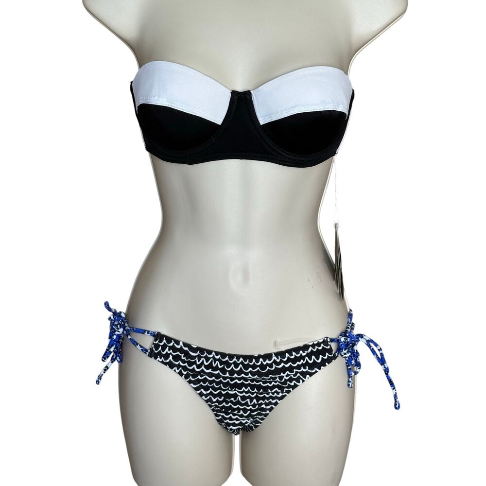 Echo Black White Bandeau Bikini Top and String Bottom S XS NWT